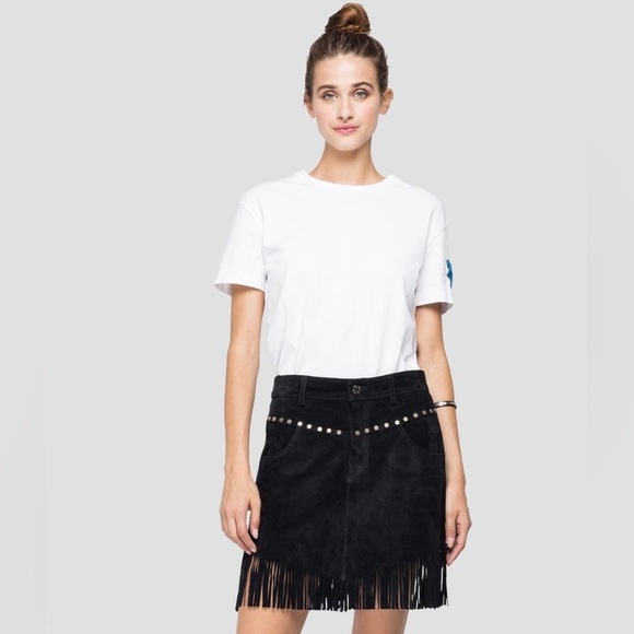 REPLAY SUEDE MINIROCK AUS WILDLEDER MIT FRANSEN SIZE M NWOT - Picture 2 of 15